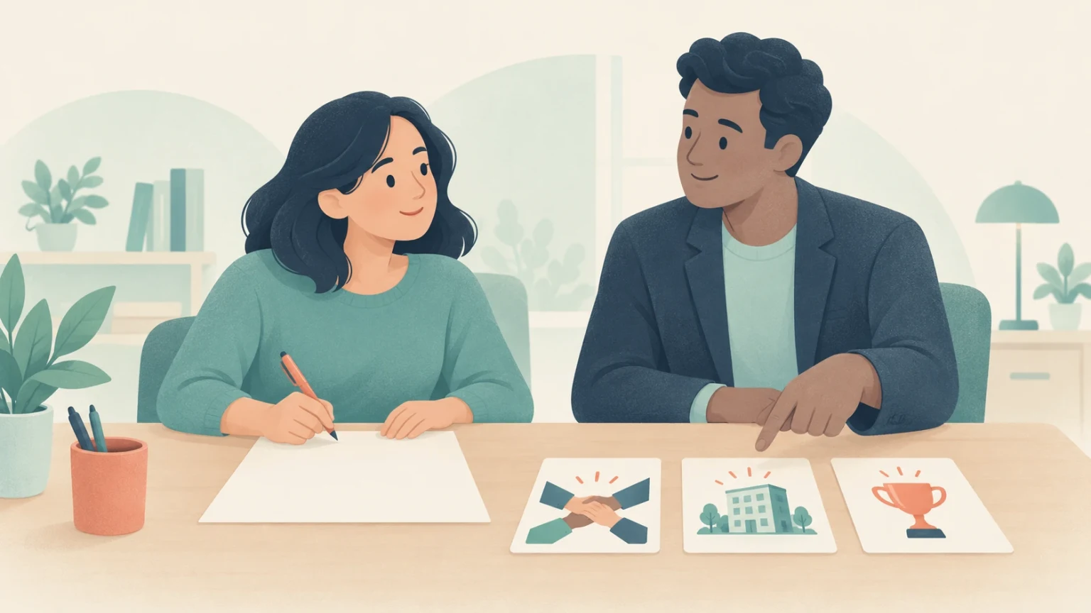 An editorial illustration of a woman writing at a desk while a colleague points to cards depicting teamwork, an office, and a trophy.