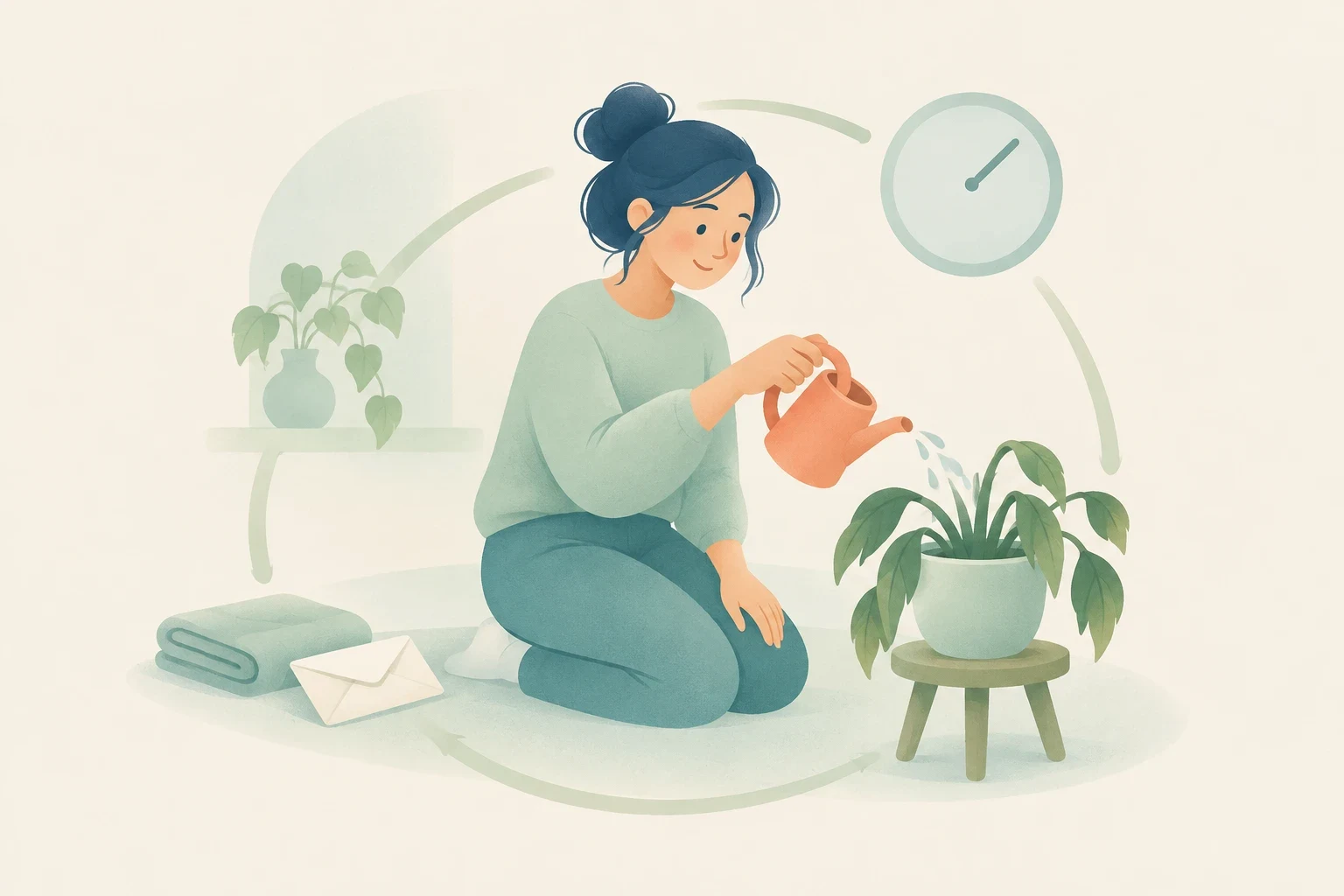 A woman kneels to water a drooping houseplant, with a clock above and a folded towel and sealed envelope nearby, suggesting everyday tasks awaiting attention.
