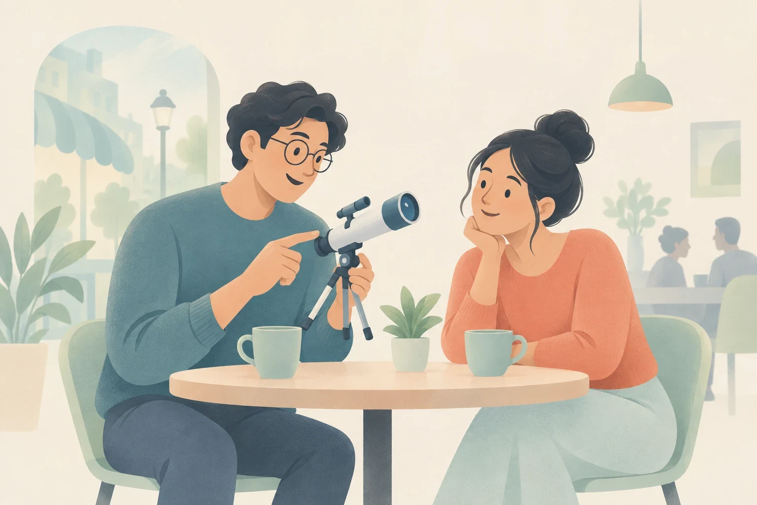 An editorial illustration of a man eagerly explaining a small telescope to a woman seated across from him at a cafe table.