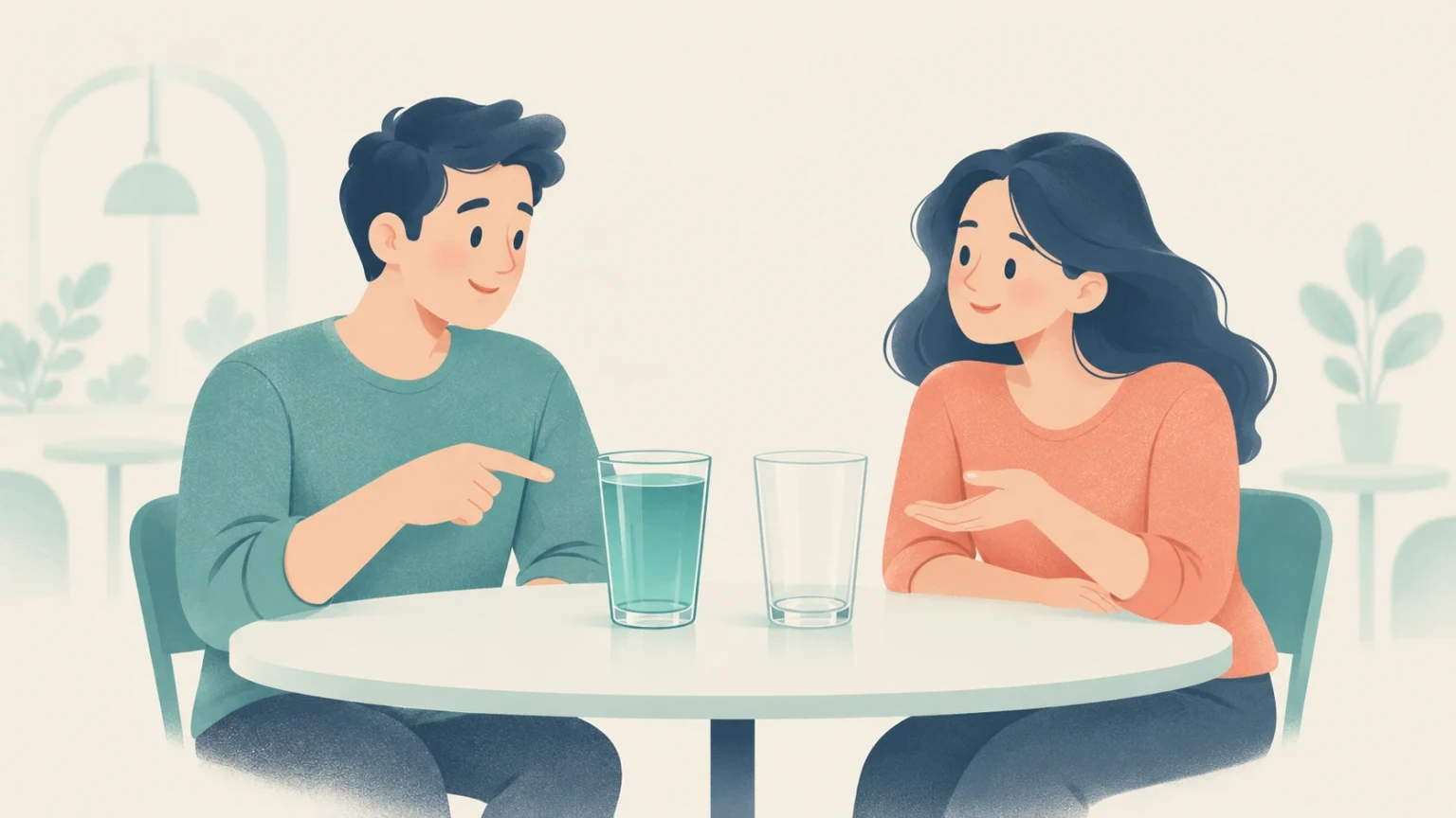 A man and a woman at a table with a full glass of water and an empty glass between them.