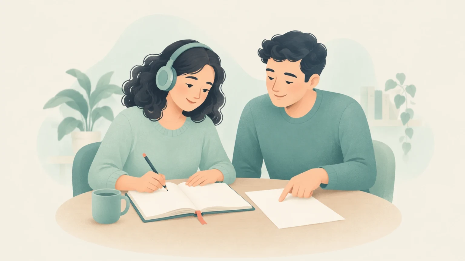 An editorial illustration of a woman wearing headphones writing in a notebook while a man points to a document beside her.