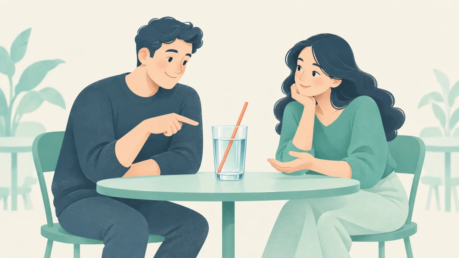 Editorial illustration of a man pointing to a straw in a glass of water while talking to a woman at a table.