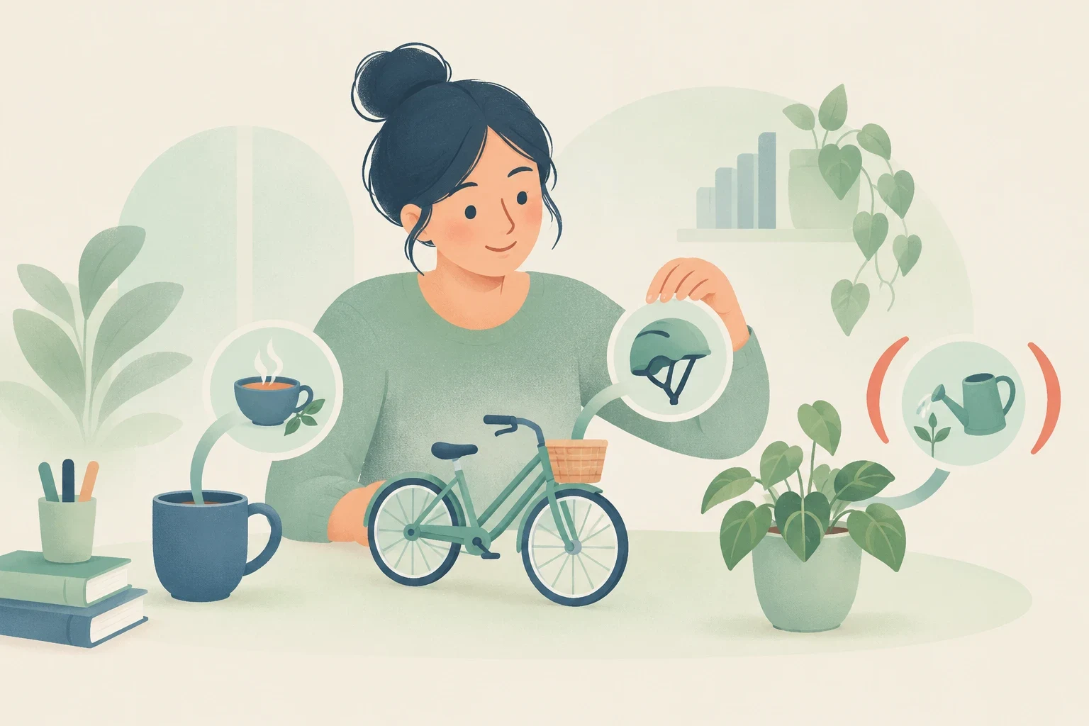 Editorial illustration of a woman connecting descriptive callout bubbles to everyday objects on her desk, including a bicycle, a mug, and a potted plant.
