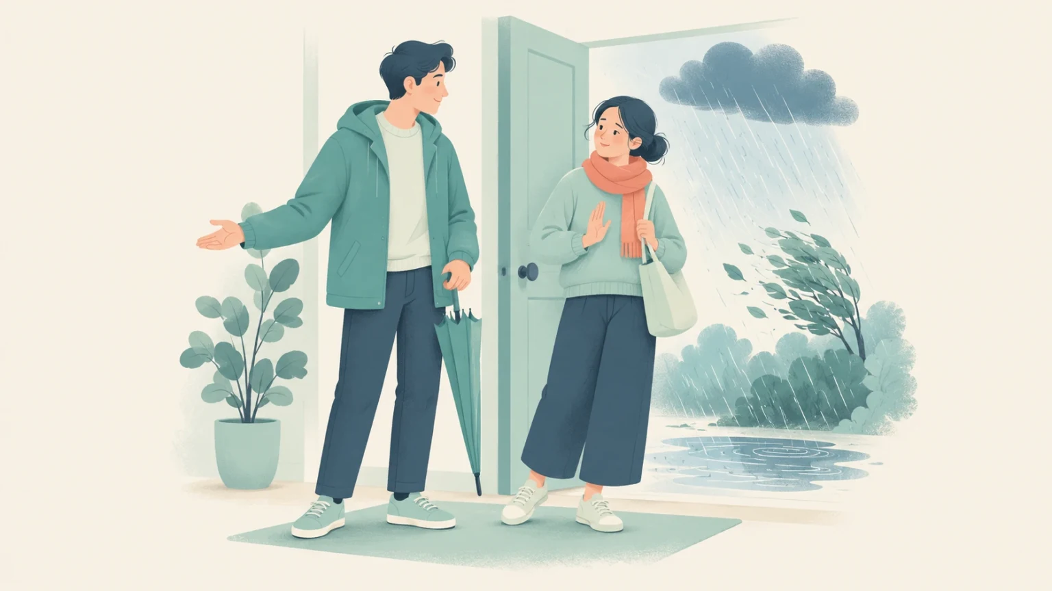 An editorial illustration of a woman hesitating at an open doorway during a rainstorm while a man holds an umbrella.
