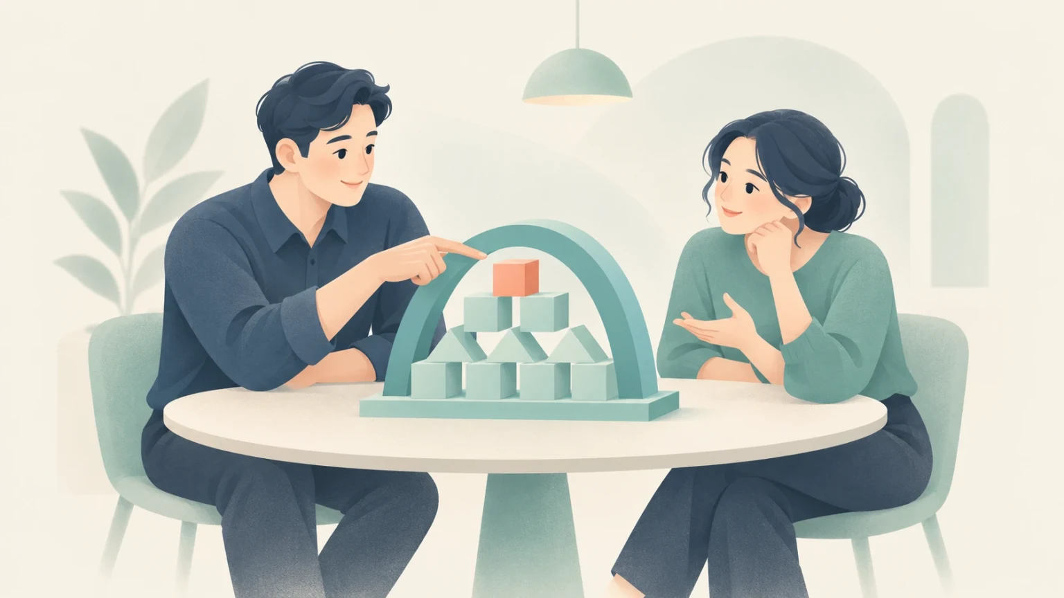 A man and a woman sit at a round table discussing an overarching geometric model with an arch and building blocks.
