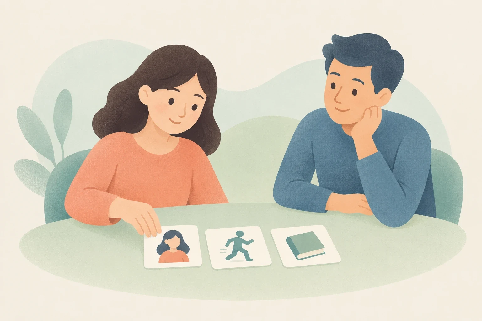An editorial illustration of a woman and a man sitting at a table arranging three cards depicting a person, a running figure, and a book.