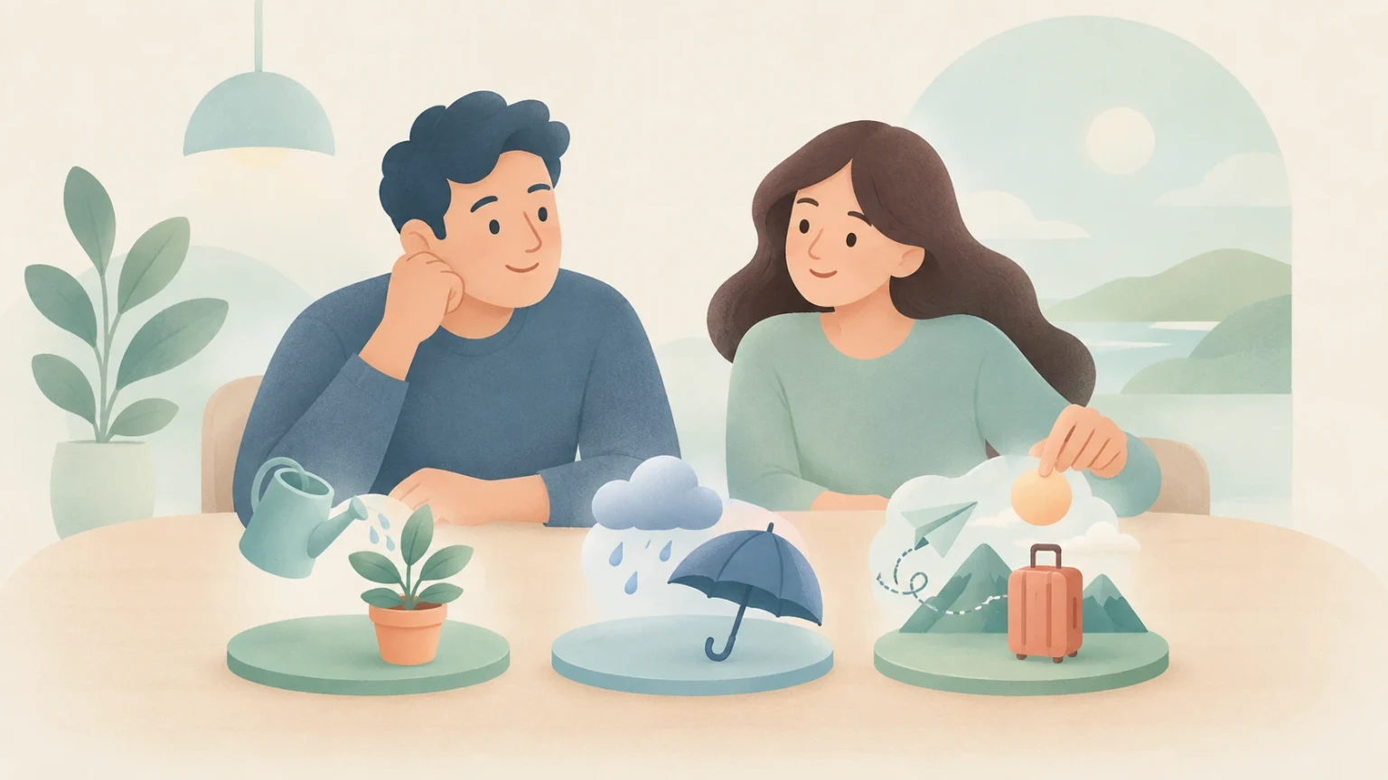 A man and woman at a table with three dioramas illustrating conditionals with a watered plant, rain and an umbrella, and travel gear.