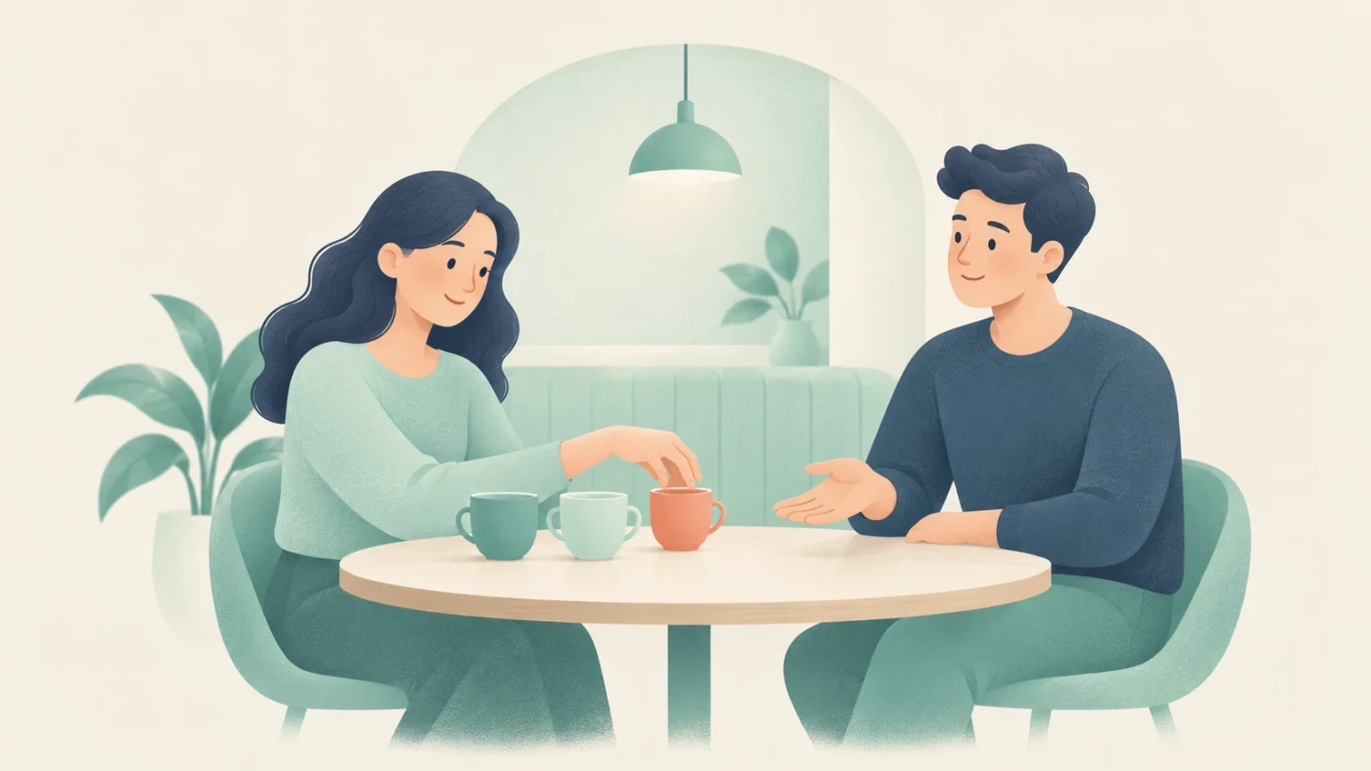 An editorial illustration of a woman and a man sitting at a round cafe table with three cups, conversing as the woman reaches toward a mug.