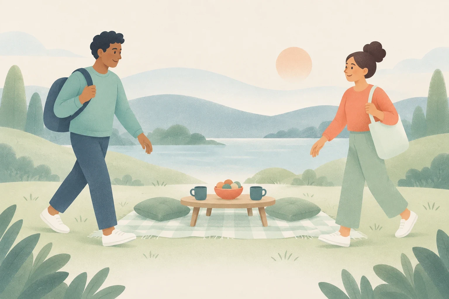 Two people approach a picnic blanket with cushions, a low table, two mugs and a bowl of fruit beside a lake in a softly coloured landscape.