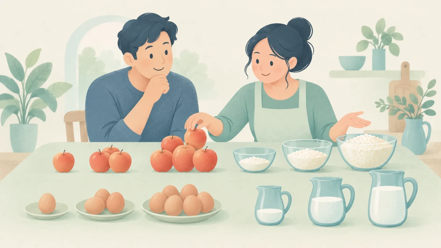 A man and a woman in a kitchen looking at arranged portions of apples, eggs, rice bowls, and pitchers of milk demonstrating countable and uncountable quantities.