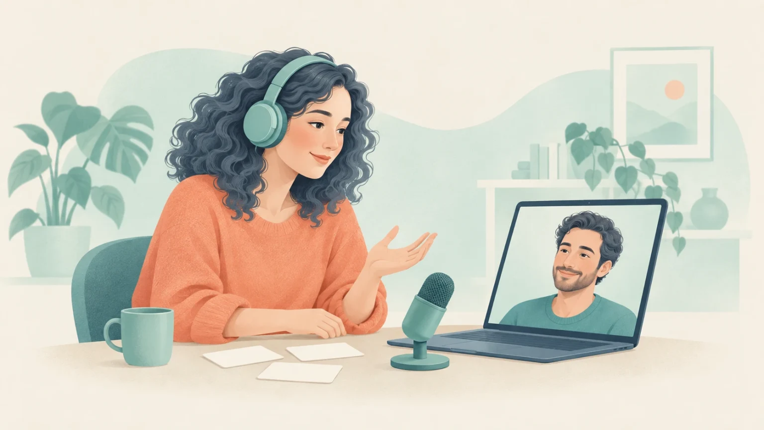 An editorial illustration of a woman wearing headphones speaking into a microphone during an online video call on her laptop, with blank note cards on the desk.