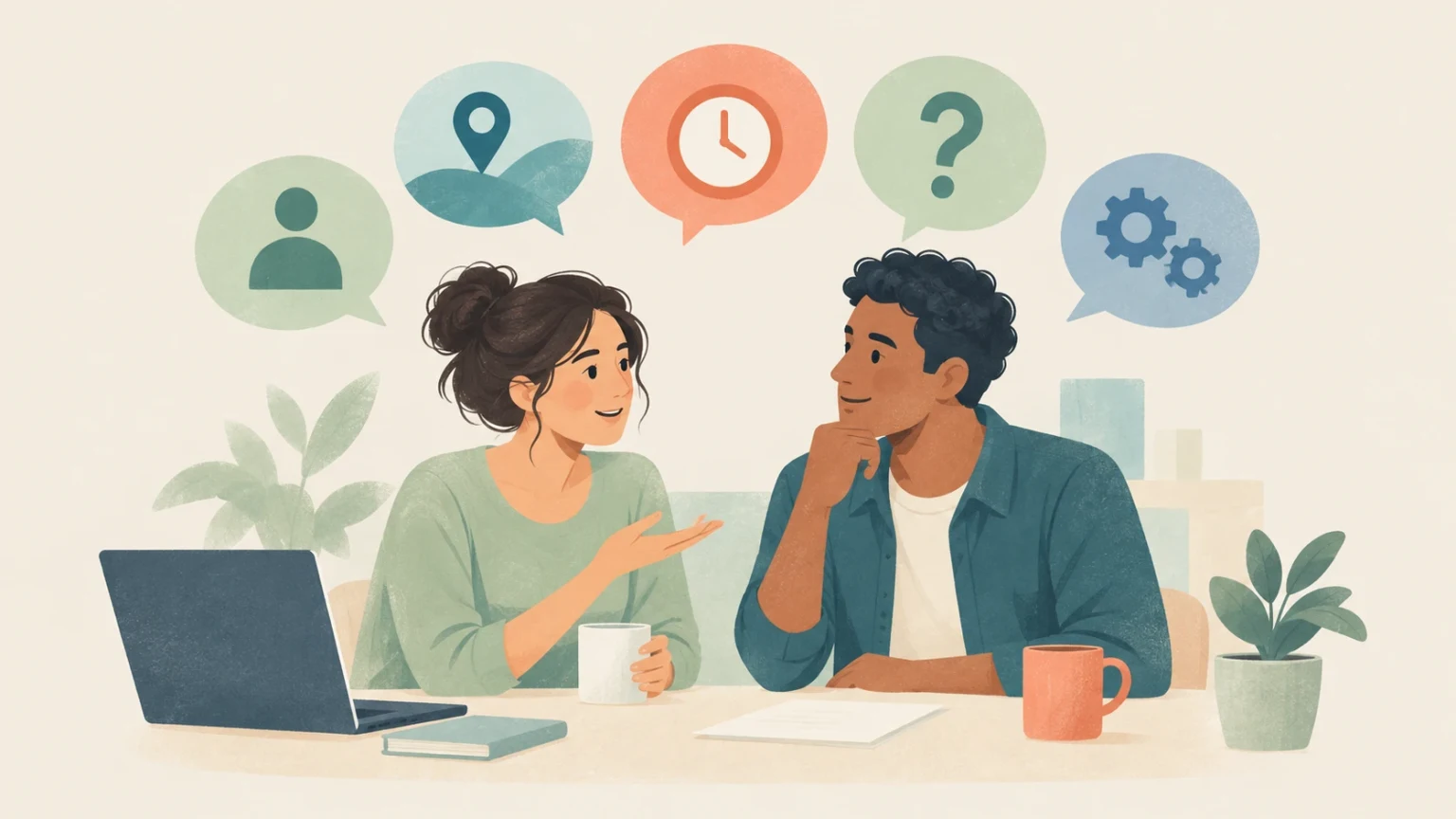 Two colleagues discuss questions at a work desk beneath speech bubbles containing icons for person, location, time, inquiry, and process.