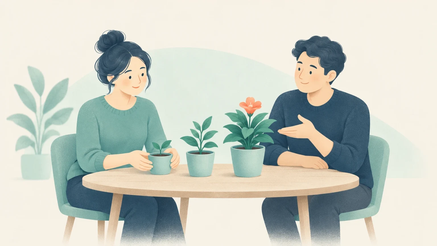 A man and a woman sit at a round wooden table with three potted plants showing stages of growth.