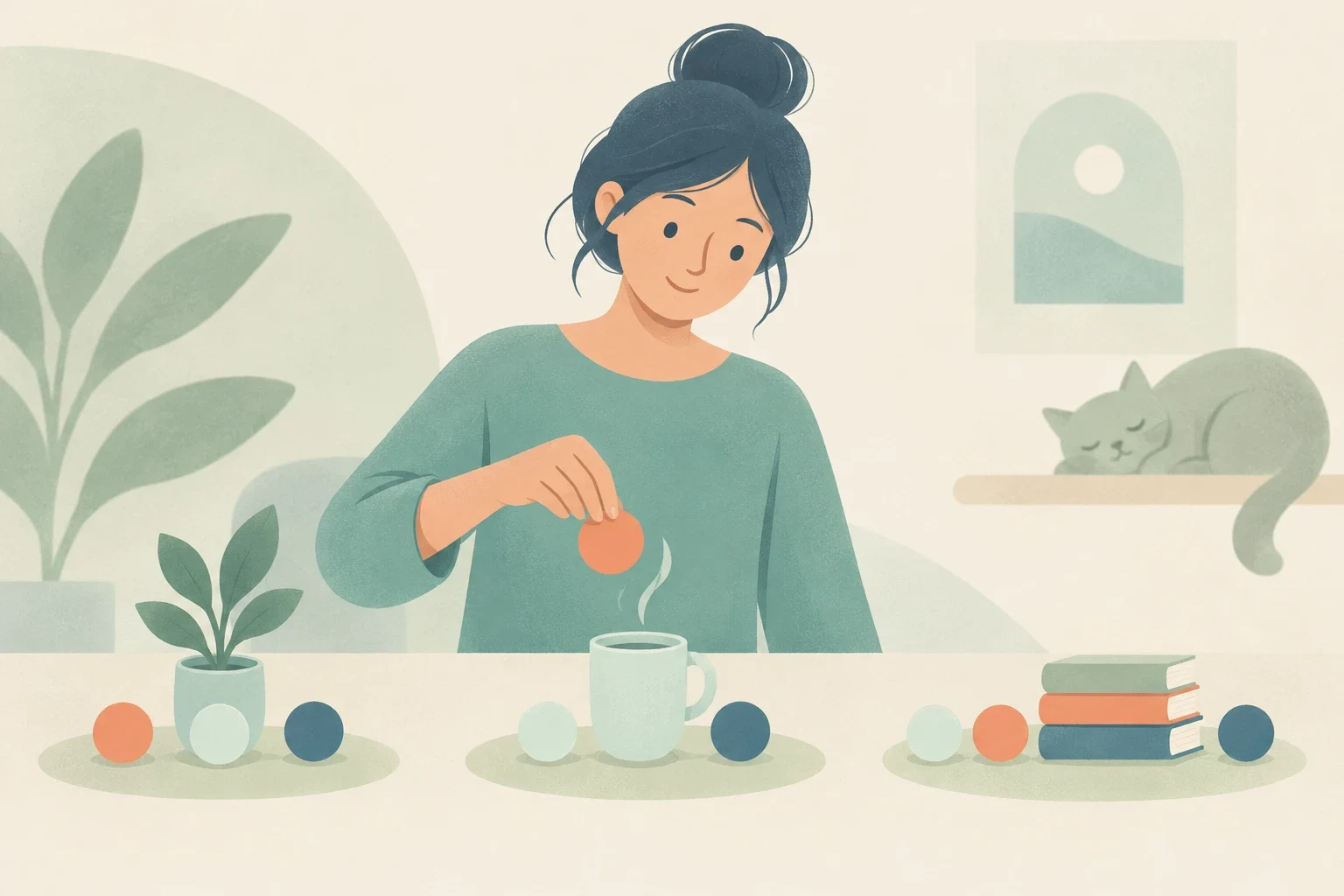 An editorial illustration of a woman placing colored tokens next to routine objects like a mug, plant, and books.
