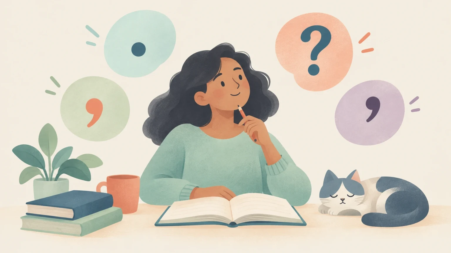 Editorial illustration of a woman studying at a desk with an open book, surrounded by floating punctuation marks including a period, comma, question mark, and apostrophe, with a sleeping cat.