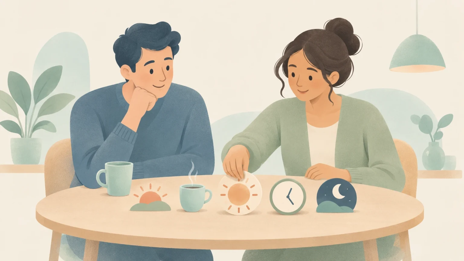 A man and woman sit at a table arranging time-of-day tokens depicting a sunrise, coffee cup, sun, clock, and crescent moon.