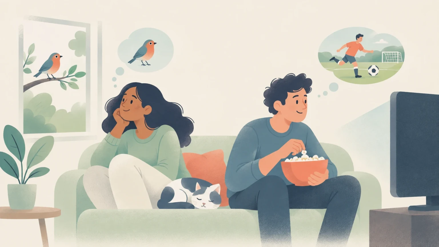 A woman on a couch notices a bird perched outside a window while a man beside her eats popcorn and watches a soccer match on television.