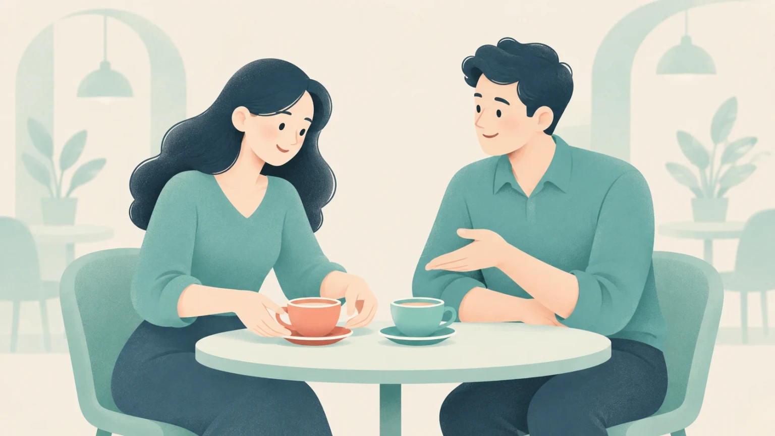 An editorial illustration of a man and woman at a cafe table discussing two cups of coffee.