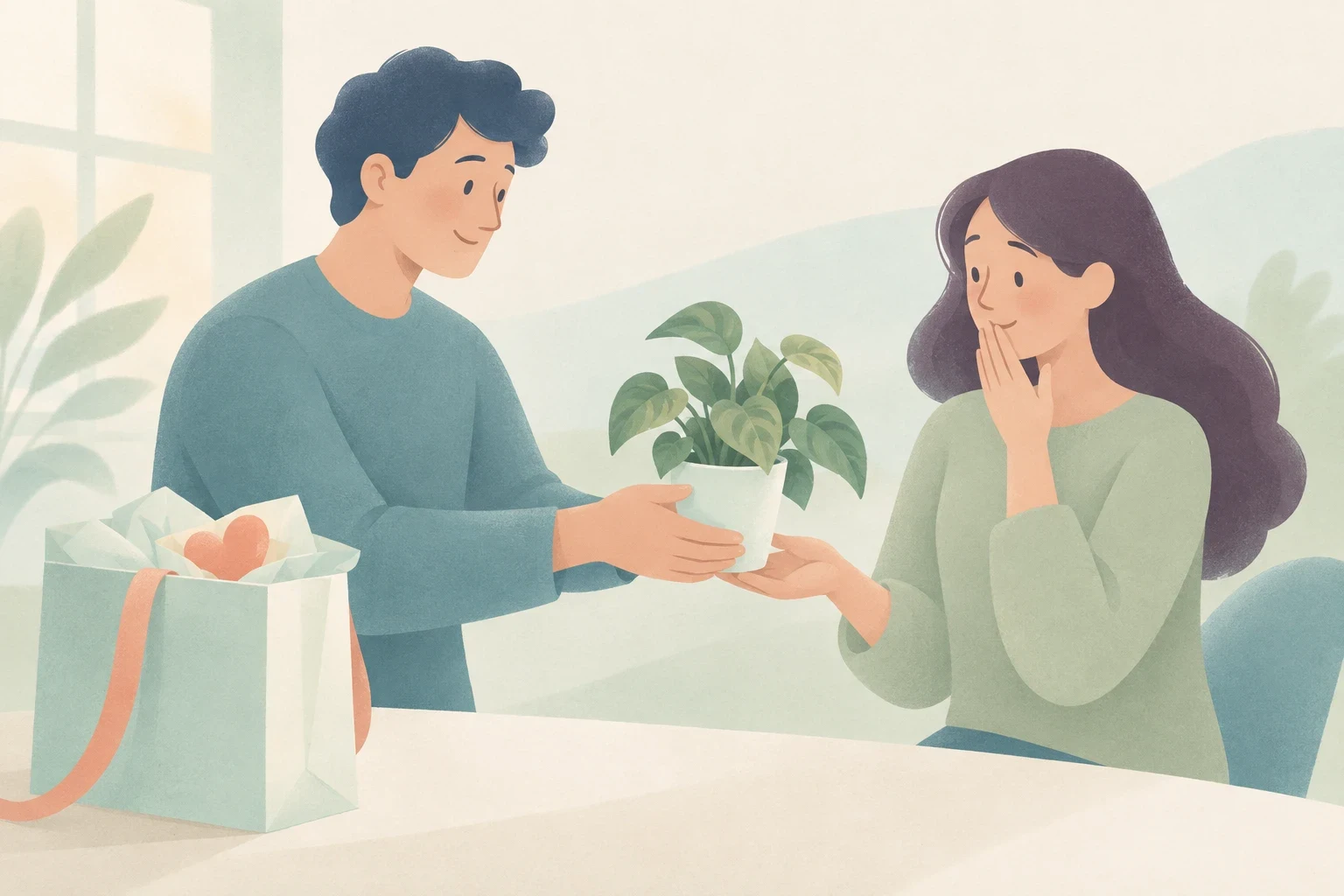 A man gives a potted plant to a smiling woman across a table, with a gift bag nearby, in a soft pastel illustration.
