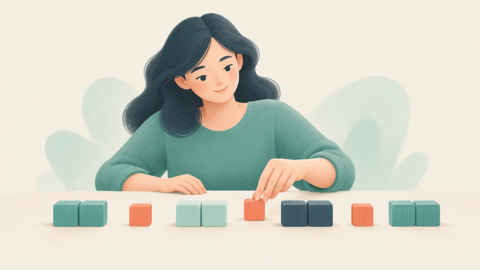 An editorial illustration of a woman arranging pairs of colored blocks separated by individual orange blocks on a table.