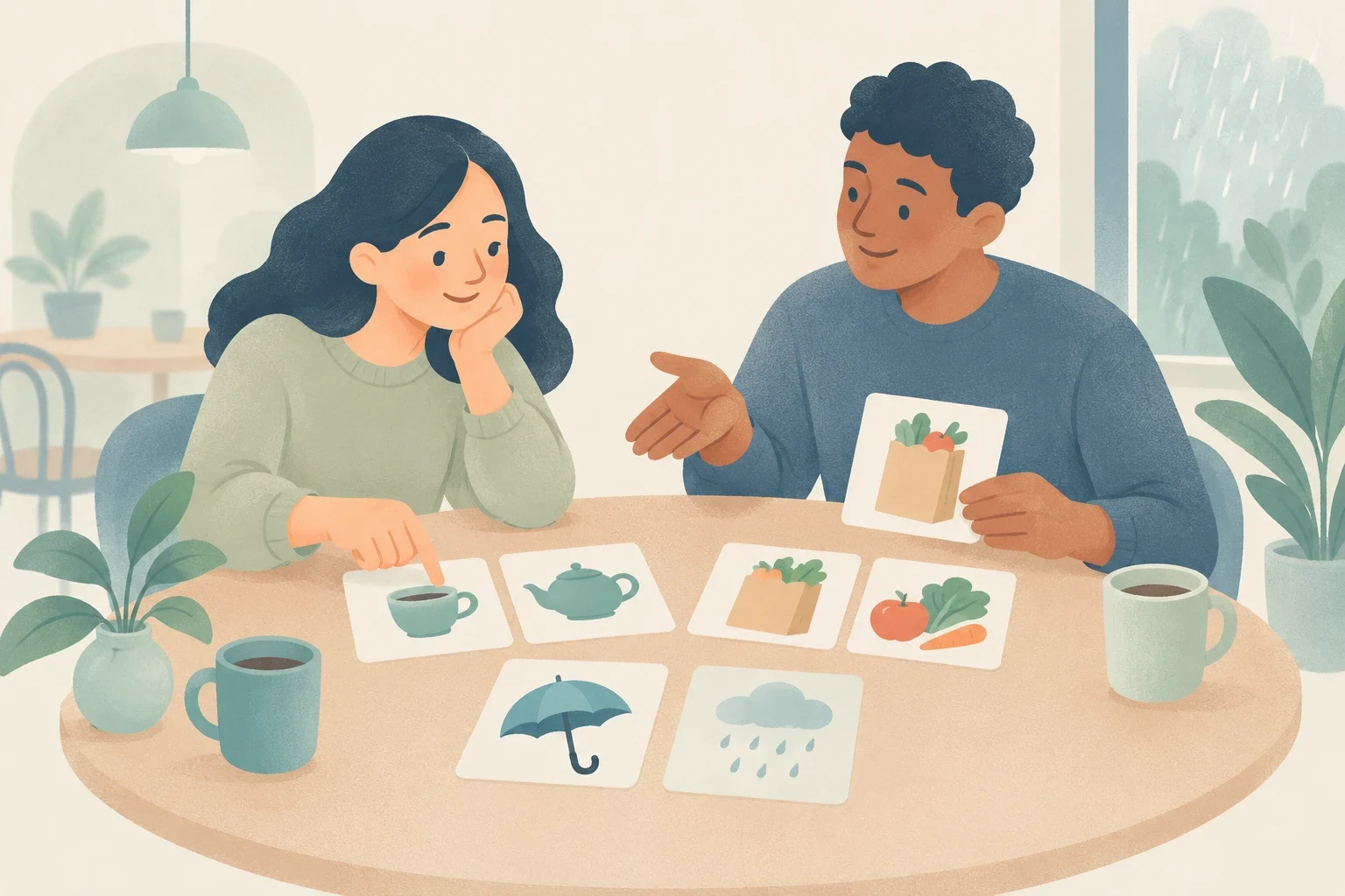 A man and woman sit at a round table practicing vocabulary with illustrated cards of everyday objects.