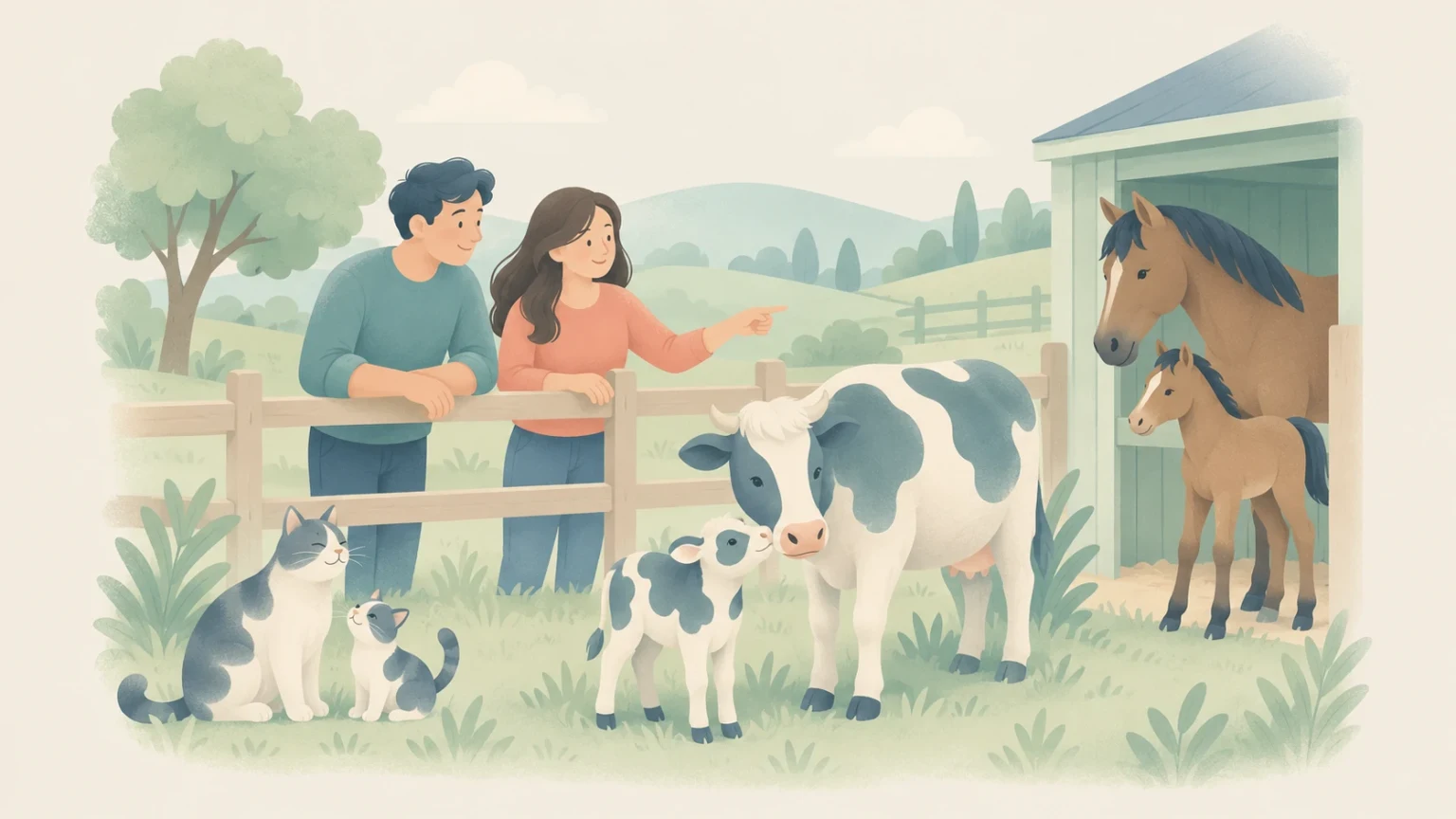 A man and woman lean on a farm fence watching three pairs of animals with their offspring: a cat with a kitten, a cow with a calf, and a horse with a foal.