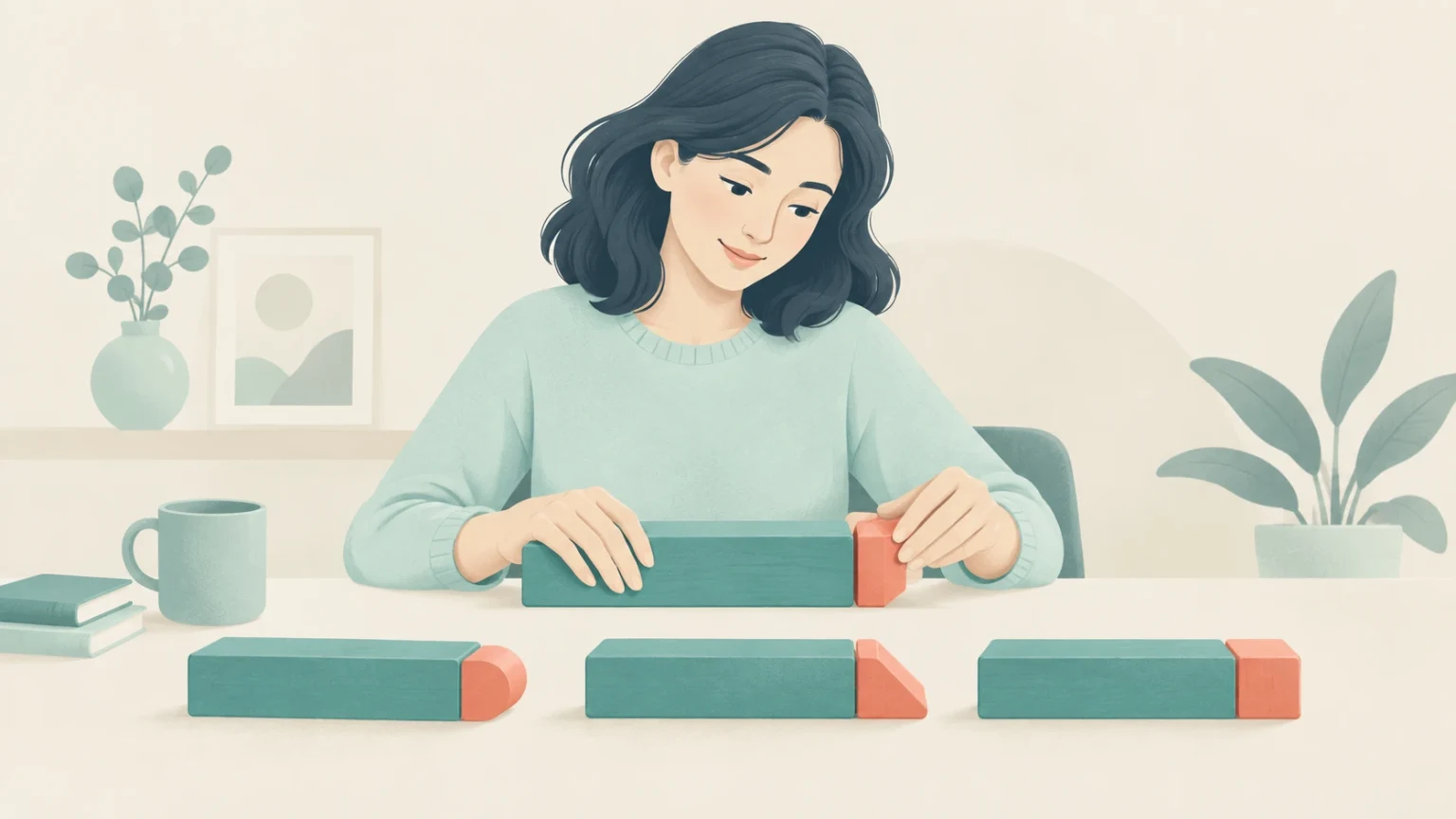 An editorial illustration of a woman at a desk assembling wooden blocks with distinct end pieces, symbolizing word suffixes.