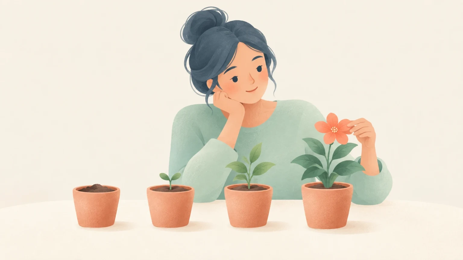 An editorial illustration of a woman watching four potted plants showing stages of growth from soil to a blooming flower.