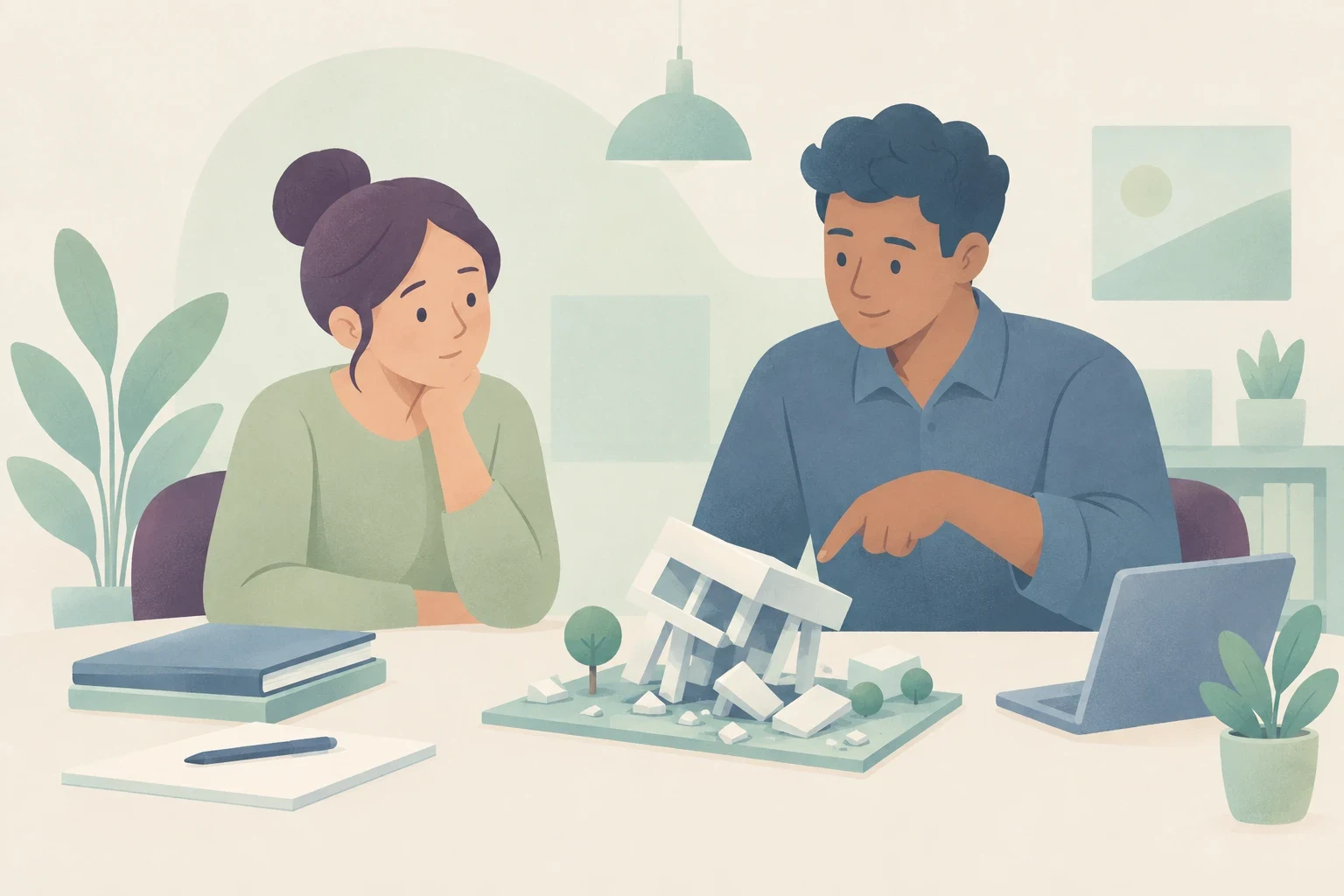 An editorial illustration of two architects at a desk examining a severely collapsed architectural scale model.
