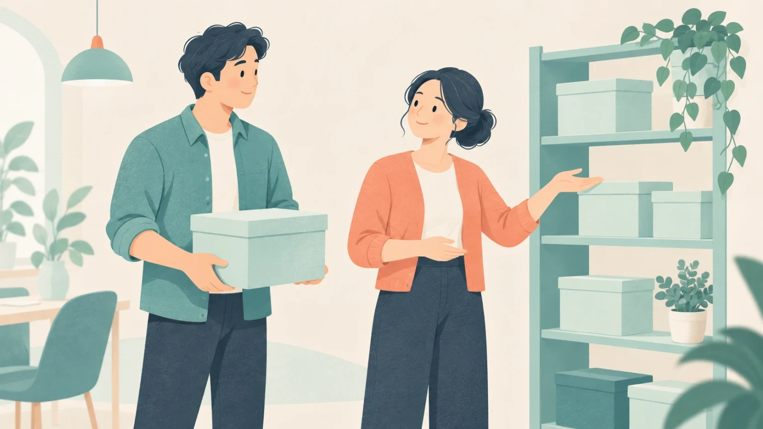 A man holding a storage box converses with a woman gesturing toward a shelving unit.