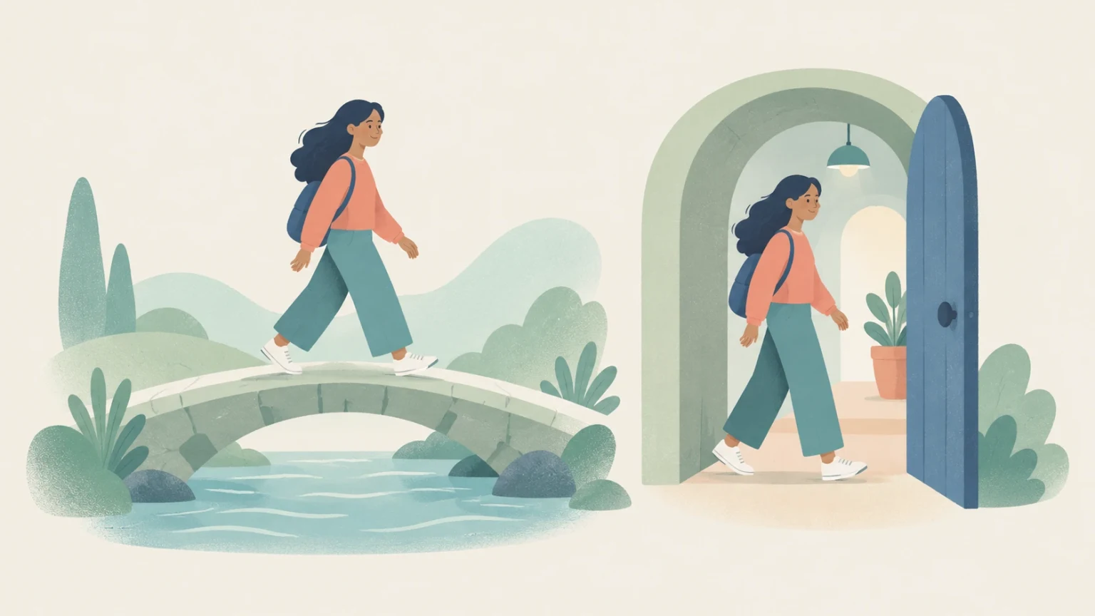 A dual illustration showing a woman walking across a stone bridge over a stream on the left and walking through an arched doorway on the right.