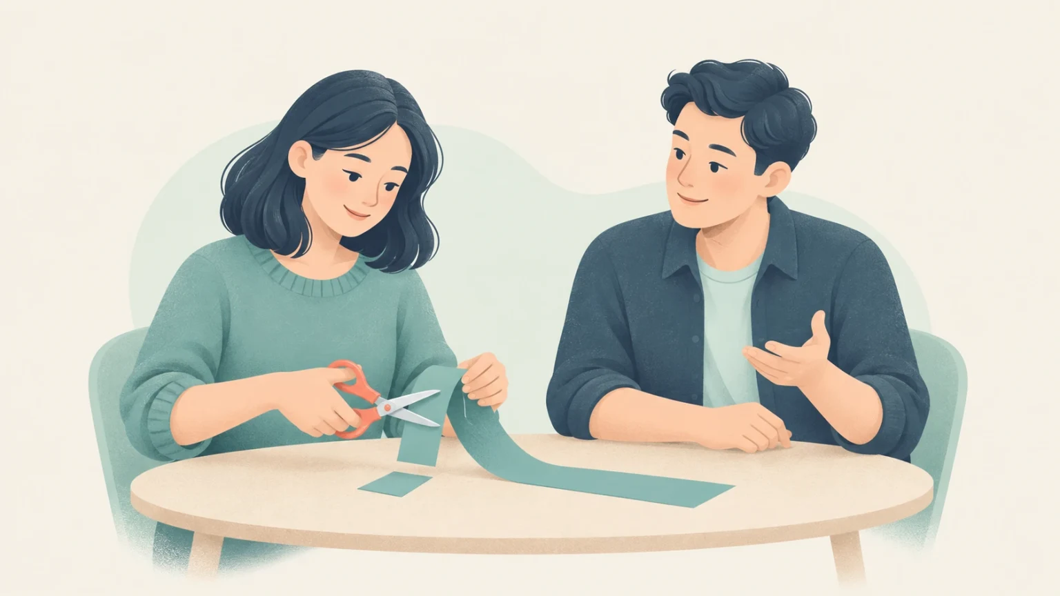 An editorial illustration of a woman cutting a paper strip with scissors while a man beside her gestures in conversation at a round table.