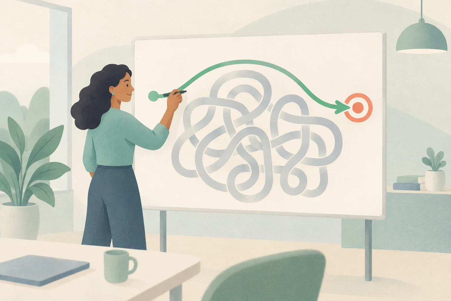 A woman draws a green arrow directly toward an orange target, bypassing a tangled gray path on a whiteboard in a softly colored office.