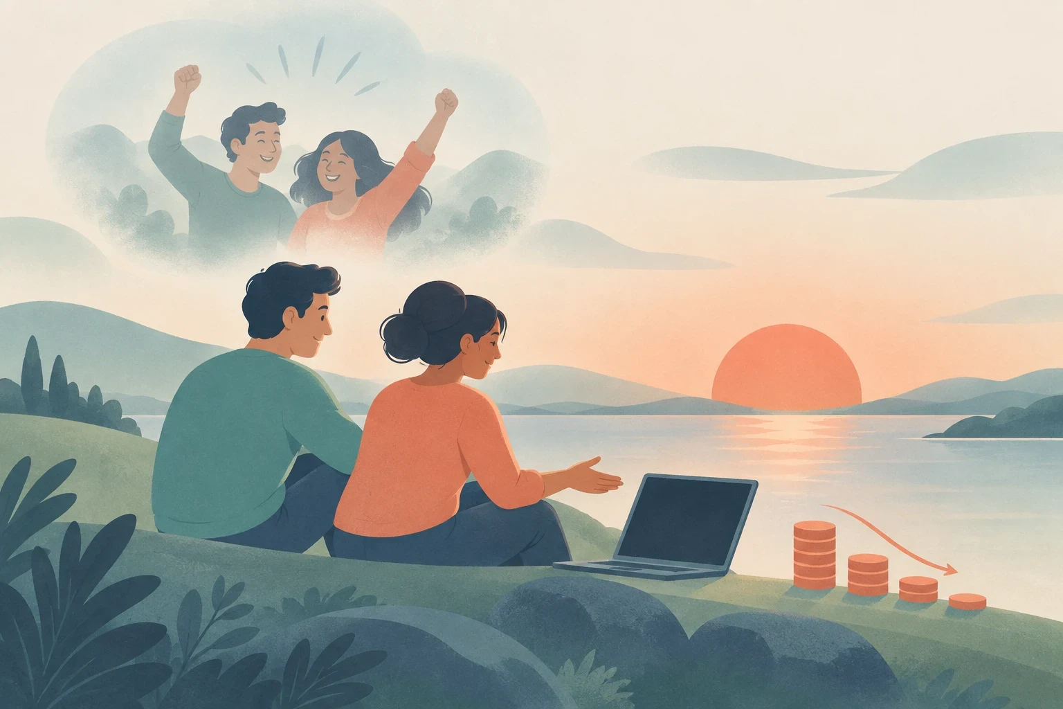 A couple sits beside a lake at sunset with a dark laptop, descending stacks of coins and a downward arrow, while a faded vignette shows them cheering.