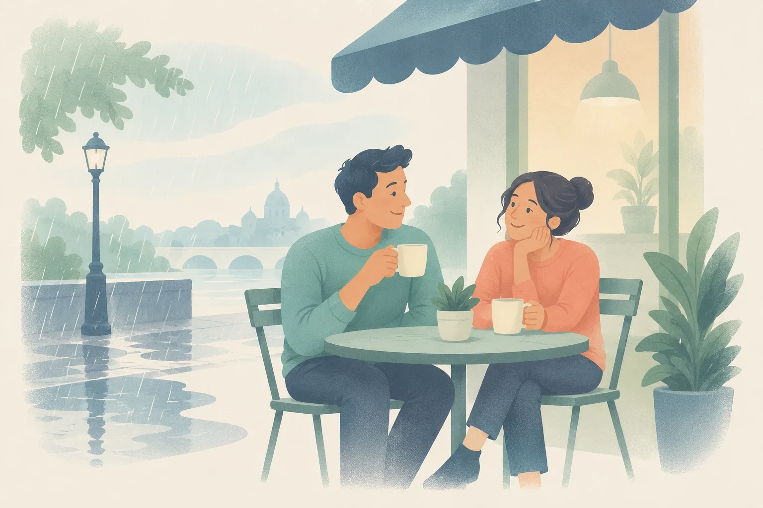 A man and a woman sit at a café table under an awning, smiling and drinking coffee while rain falls on the street.