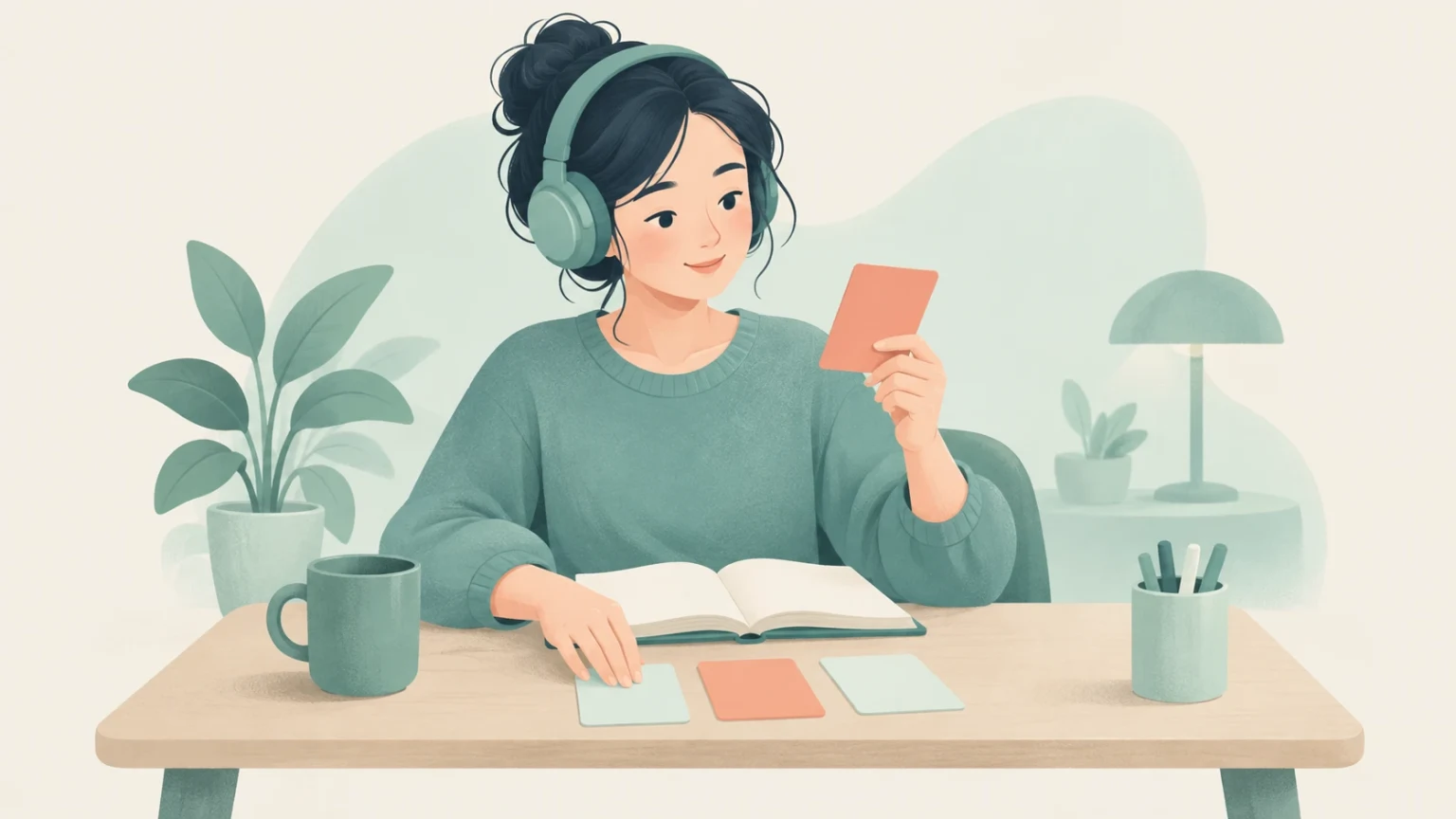 An editorial illustration of a young woman wearing headphones reviewing flashcards at a desk with an open book.