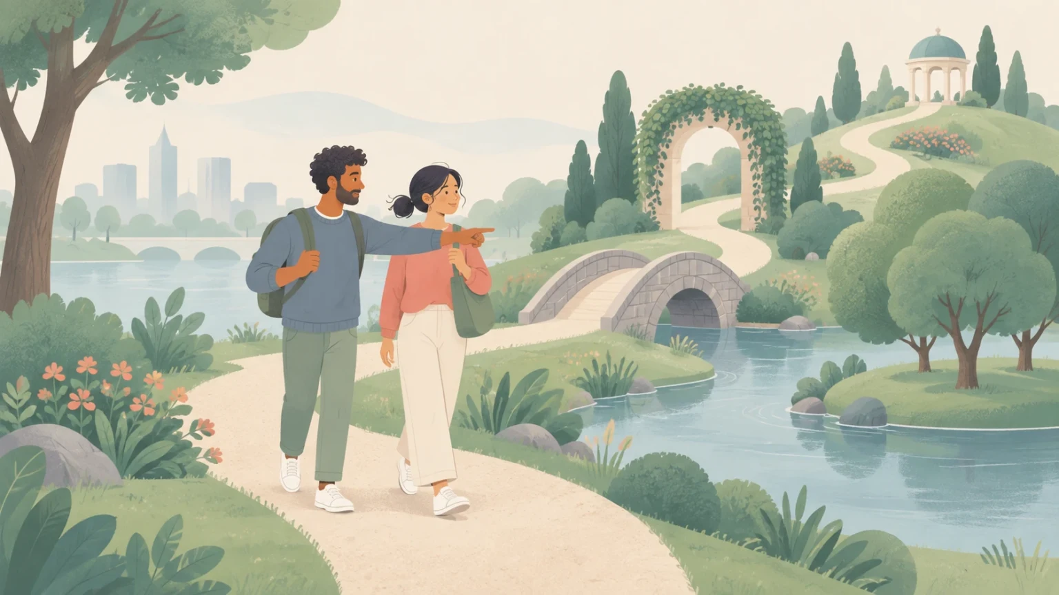 A man and a woman walk along a park path as the man points toward an arched stone bridge leading through a vine arch to a hilltop gazebo.