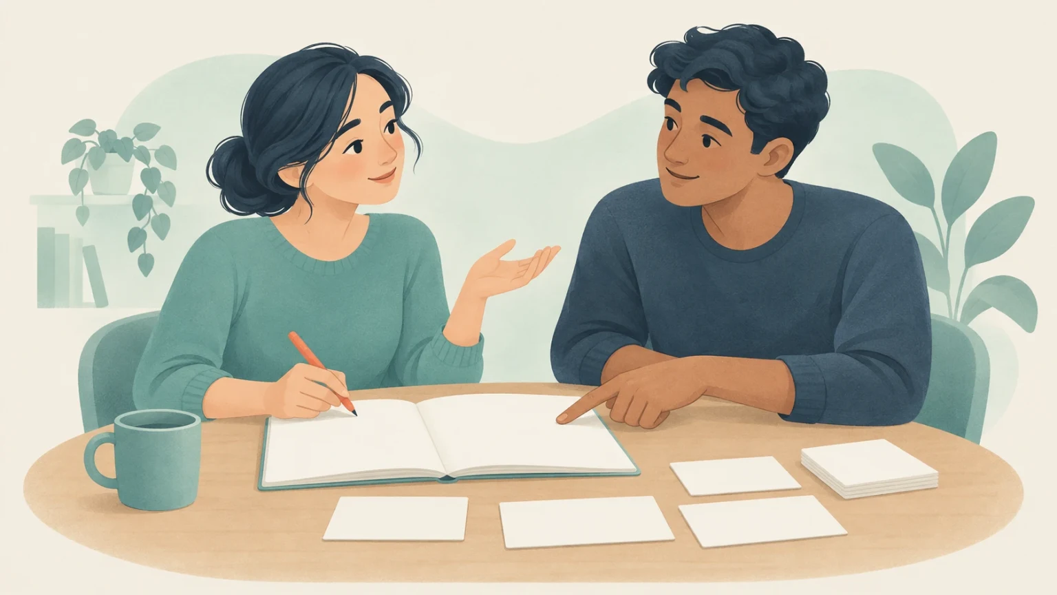 An illustration of a woman holding a pen and gesturing as she discusses writing with a man pointing at an open notebook on a table.