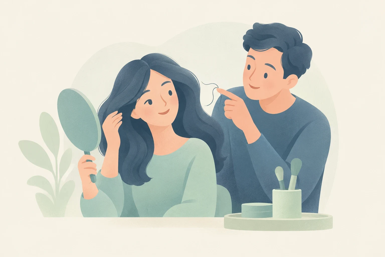 An editorial illustration of a woman looking at her hair in a mirror while a man points out a single strand.