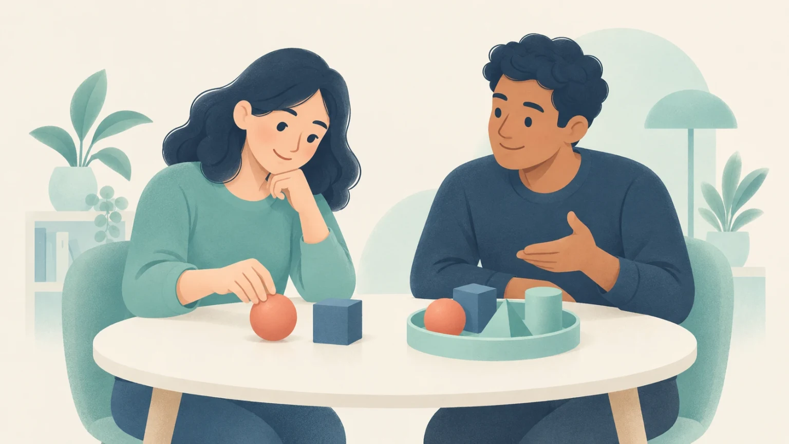 A woman and a man sitting at a round table, discussing colorful geometric 3D shapes placed before them.
