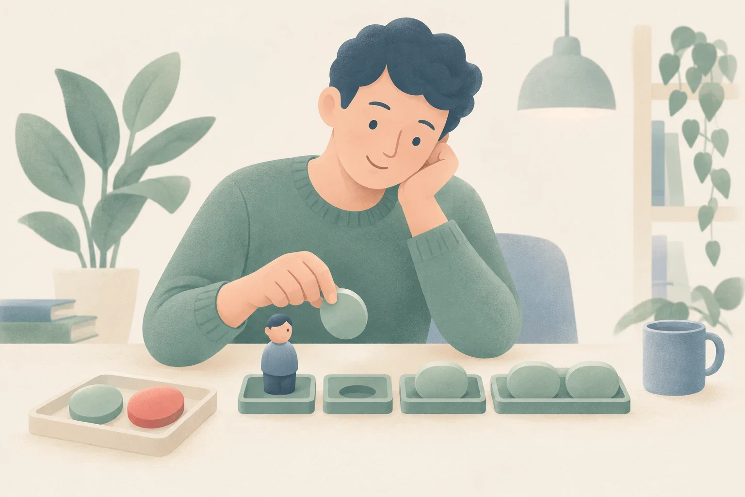 An editorial illustration of a man sitting at a desk thoughtfully placing a round token into a tray beside a small figurine.