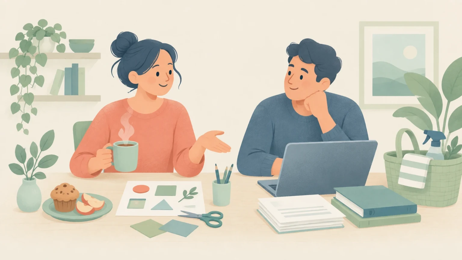 An editorial illustration of a woman holding a mug talking to a man at a desk with a laptop, paperwork, craft supplies, cleaning tools, and houseplants.