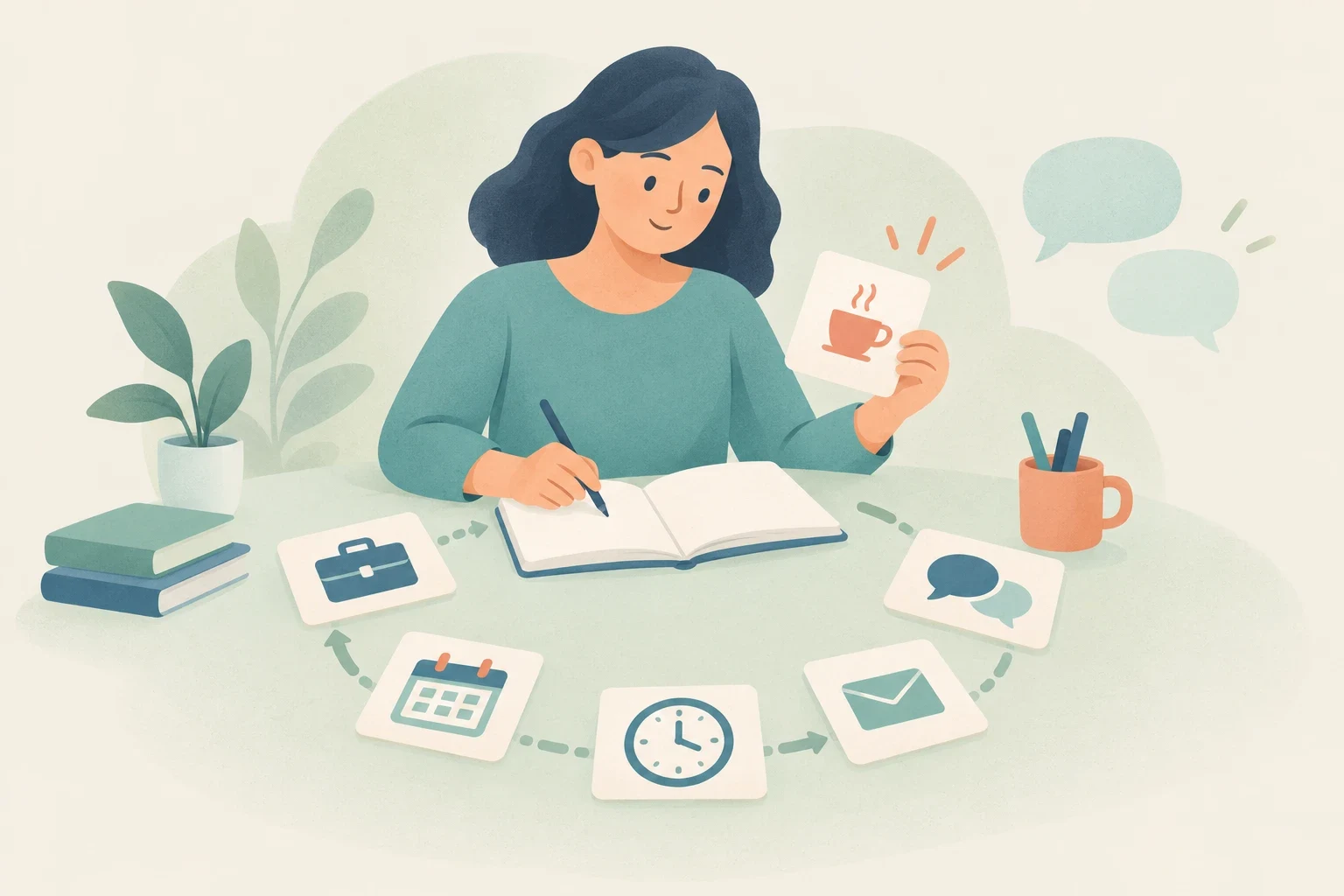 An editorial illustration of a woman at a desk writing in a journal, holding a flashcard, surrounded by daily routine and communication icons.