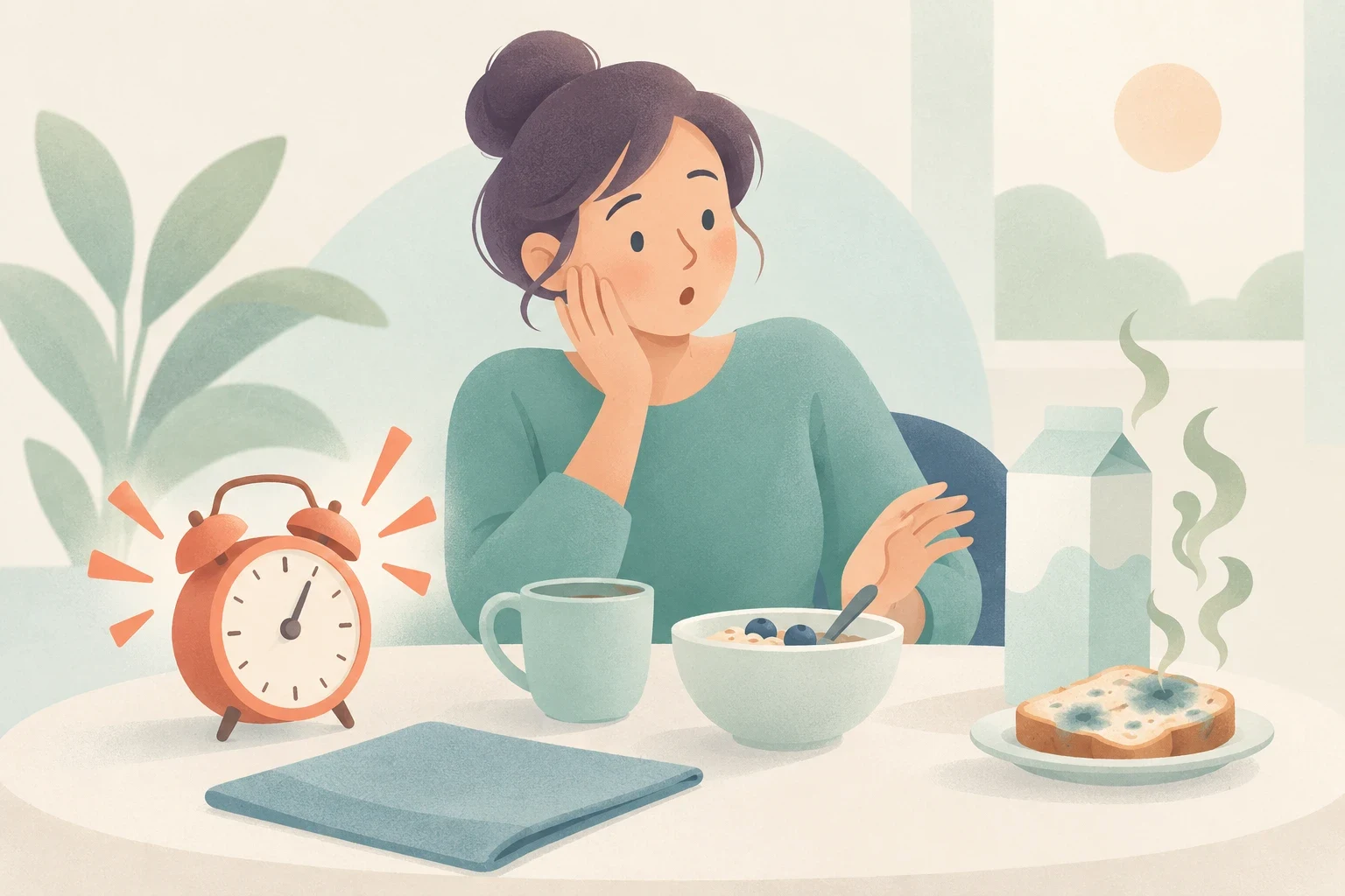 A surprised woman sits at a breakfast table beside a ringing alarm clock, a mug, cereal, a milk carton, and moldy bread with rising odor trails.