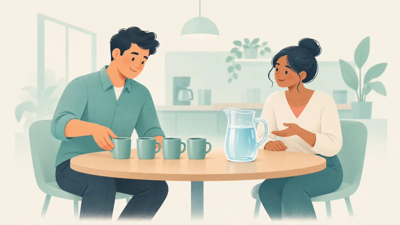 A man and a woman sitting at a table with four mugs and a pitcher of water in a kitchen.