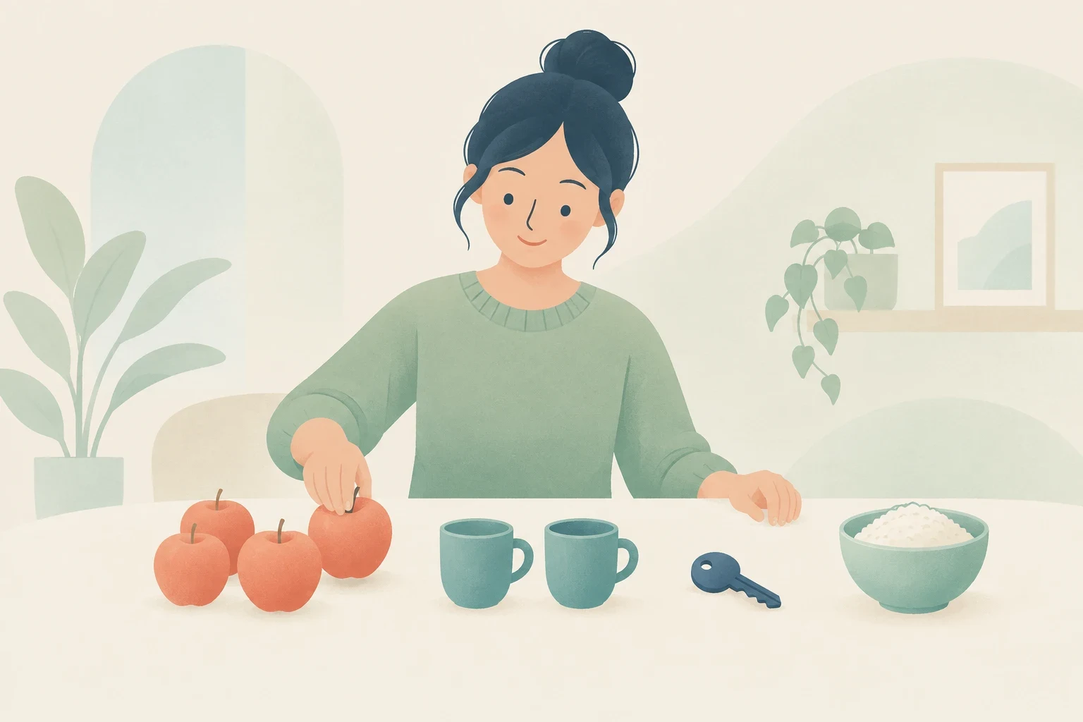 An editorial illustration of a woman at a table arranging four apples, a pair of cups, a single key, and a bowl of rice.