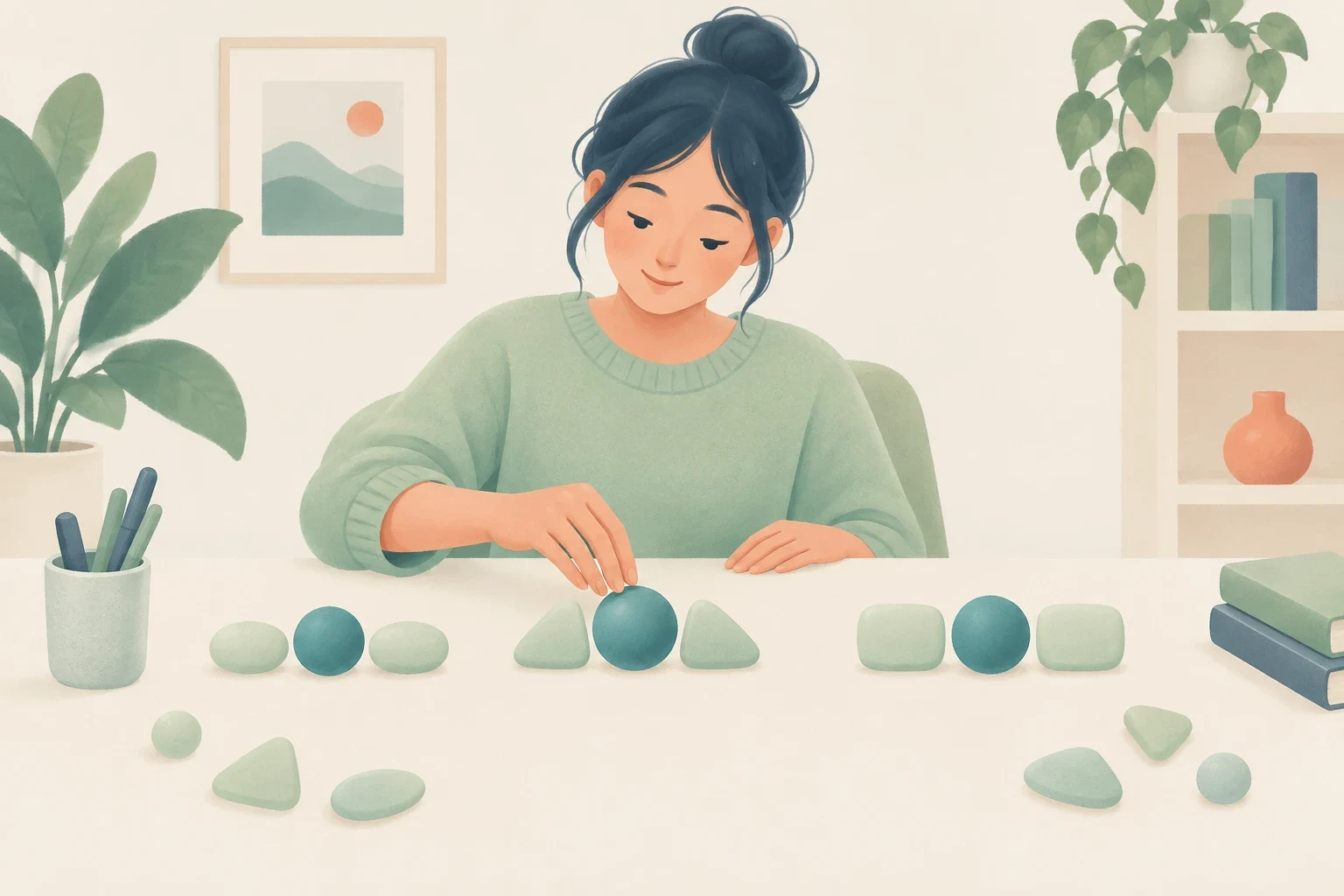 An editorial illustration of a woman at a desk arranging geometric shapes into balanced groups, placing a teal sphere at the center of each sequence.