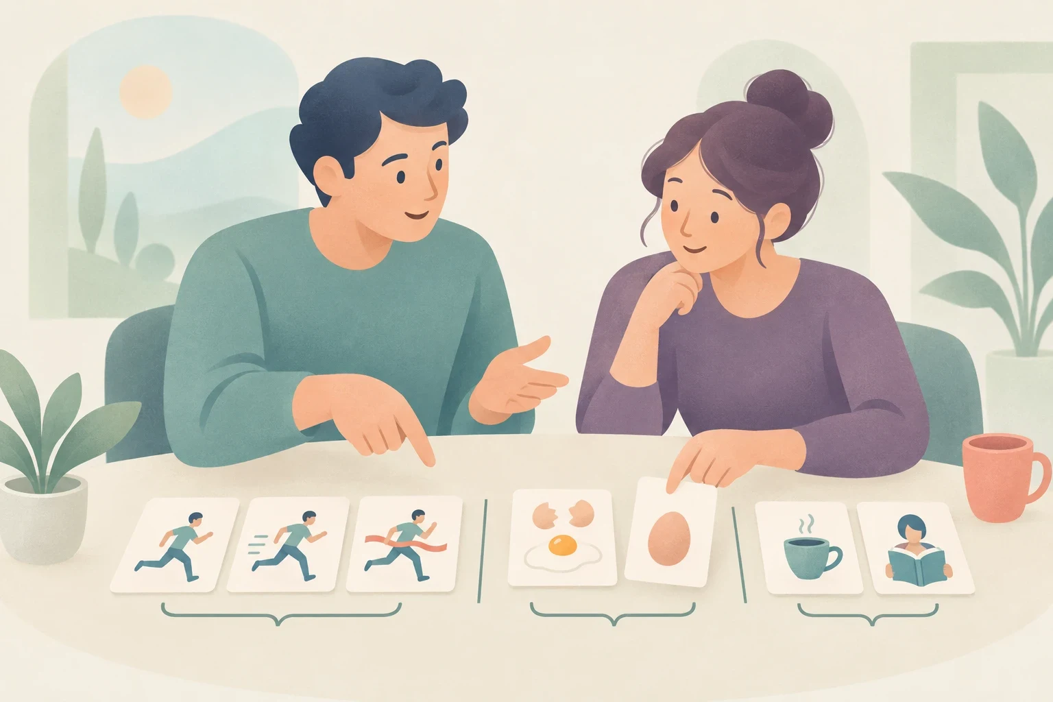 A man and a woman sit at a table examining illustrated cards depicting irregular verb action sequences.