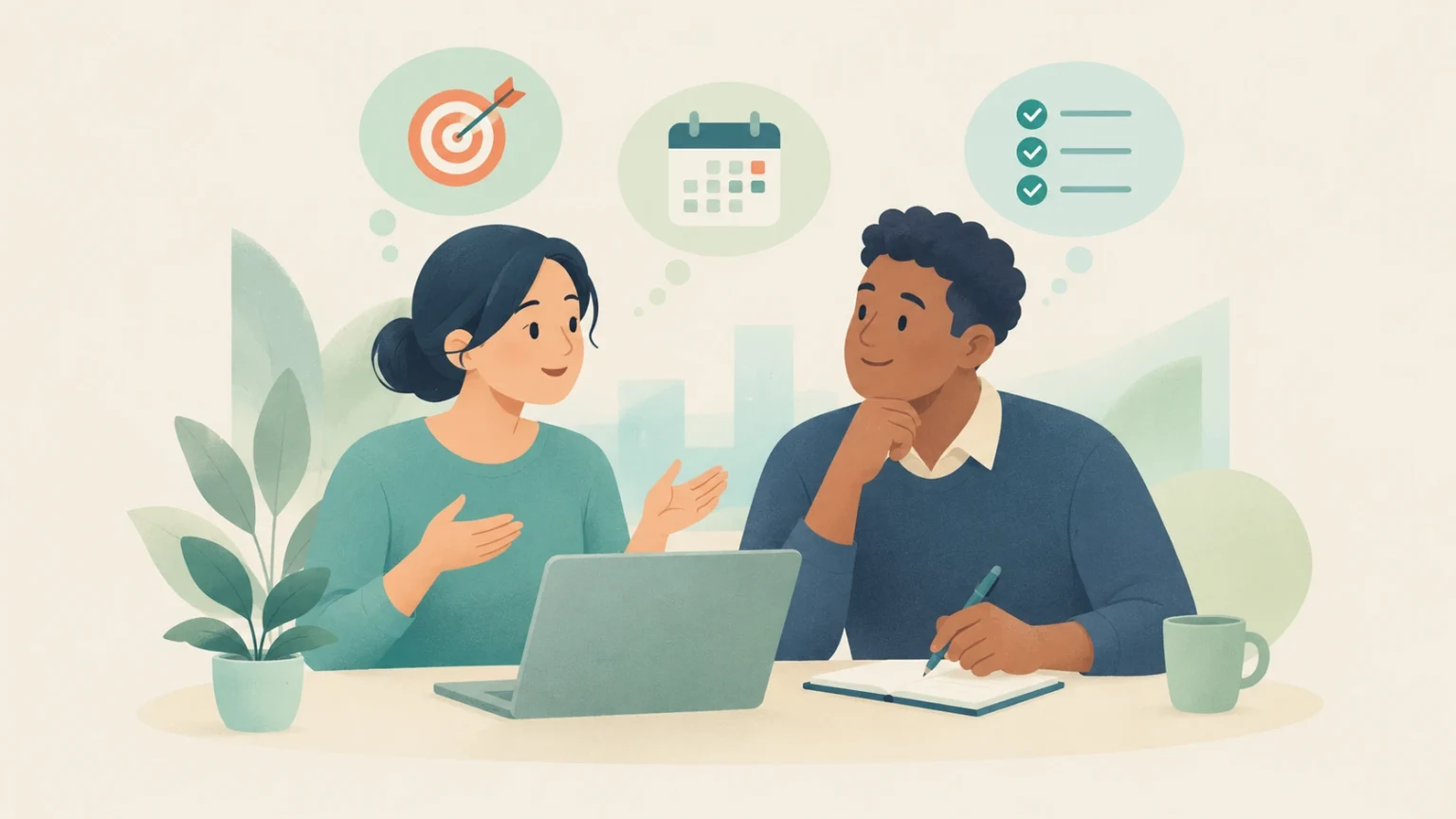 An editorial illustration of two colleagues collaborating at an office desk with icons for goals, deadlines, and next steps.