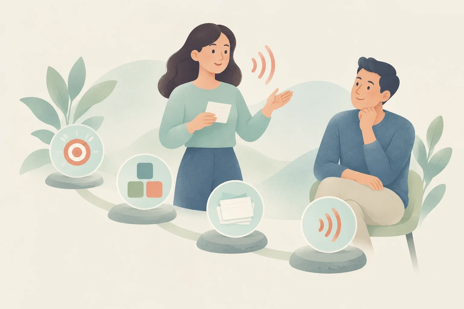 An editorial illustration of a woman practicing a speech with note cards in front of a seated listener, alongside four icons depicting speech preparation steps.